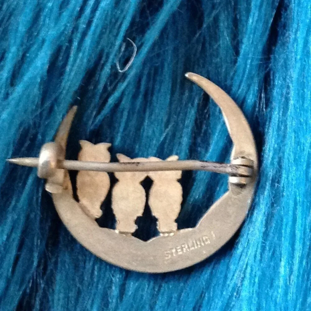 VTG Sterling 3 Owls/Crescent Moon1930-1950; Art Deco, C-Style Clasp, Good Luck!